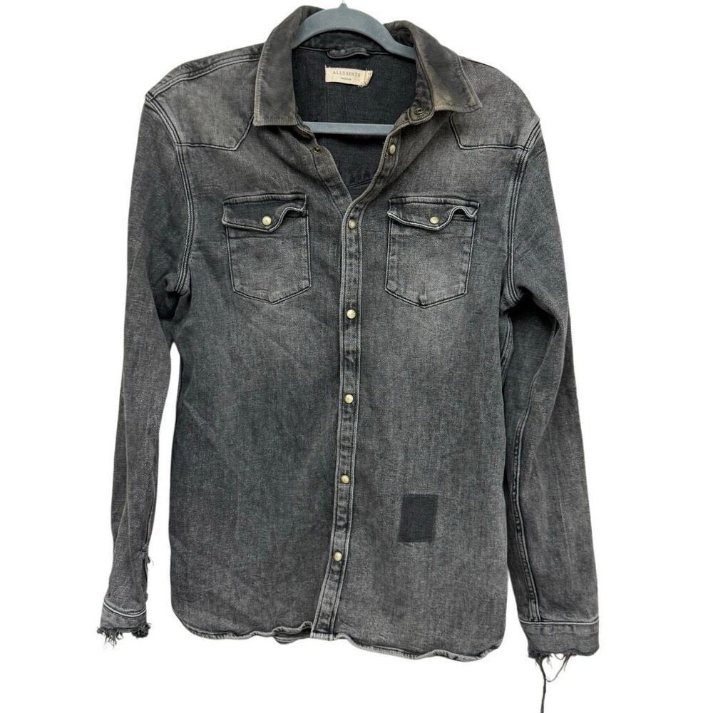 AllSaints Glockeley slim fit western denim shirt in a distressed gray wash size
